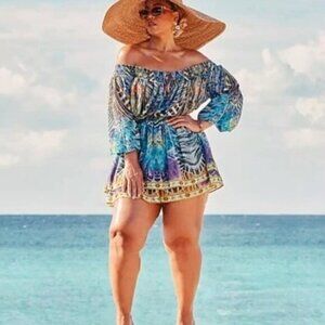 Garnerstyle X FTF Fashion To Figure Plus Sz 1X Romper Ebony Off Shoulder Print